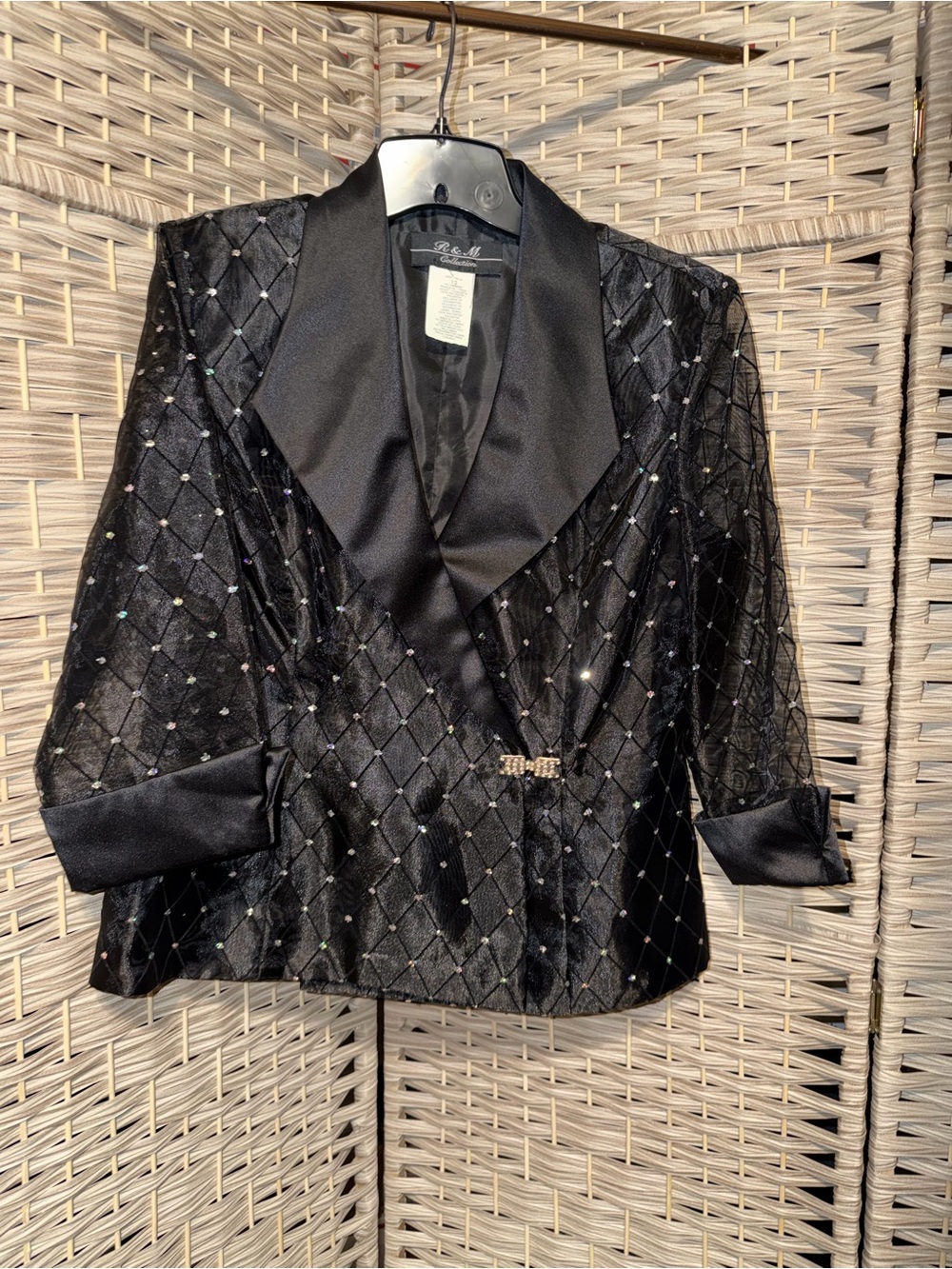 Black Embellished Satin-Trim Women’s Evening Blazer